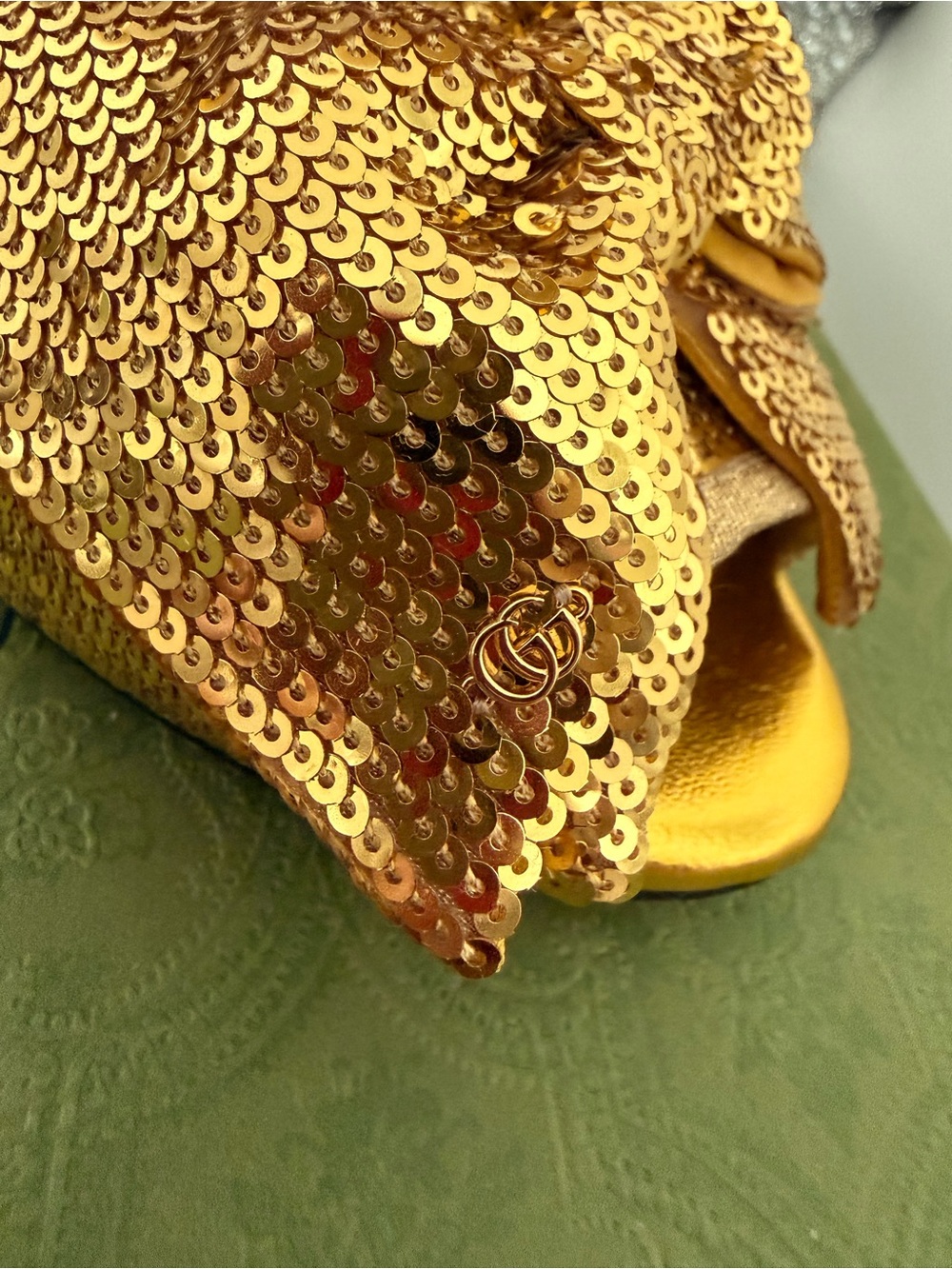 Gucci Gold Sequin Espadrille Wedge Sandals with Ankle Wrap - Picture 3 of 11